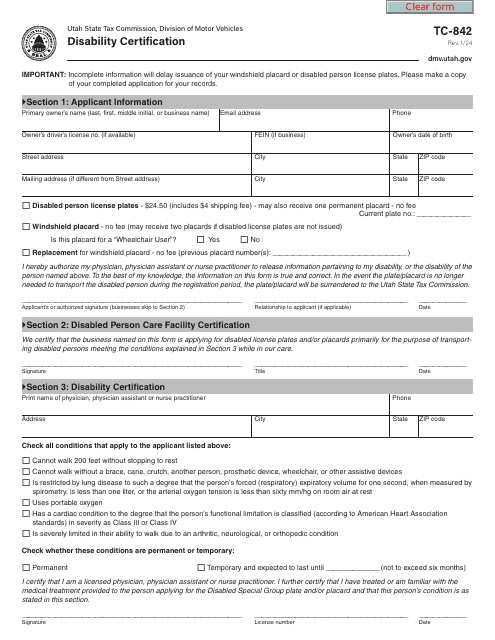 Form TC-842 Disability Certification - Utah