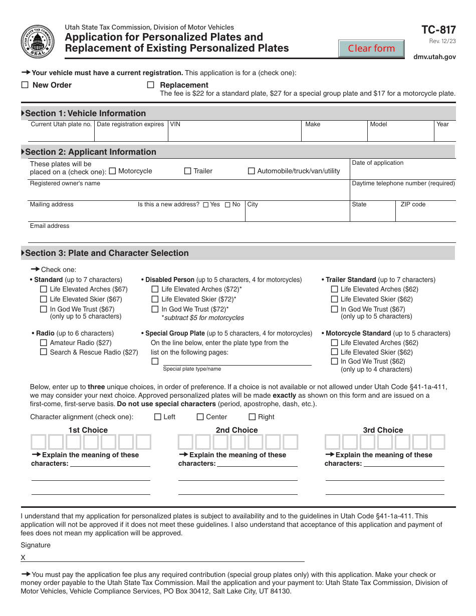 Form TC-817 Application for Personalized Plates and Replacement of Existing Personalized Plates - Utah, Page 1