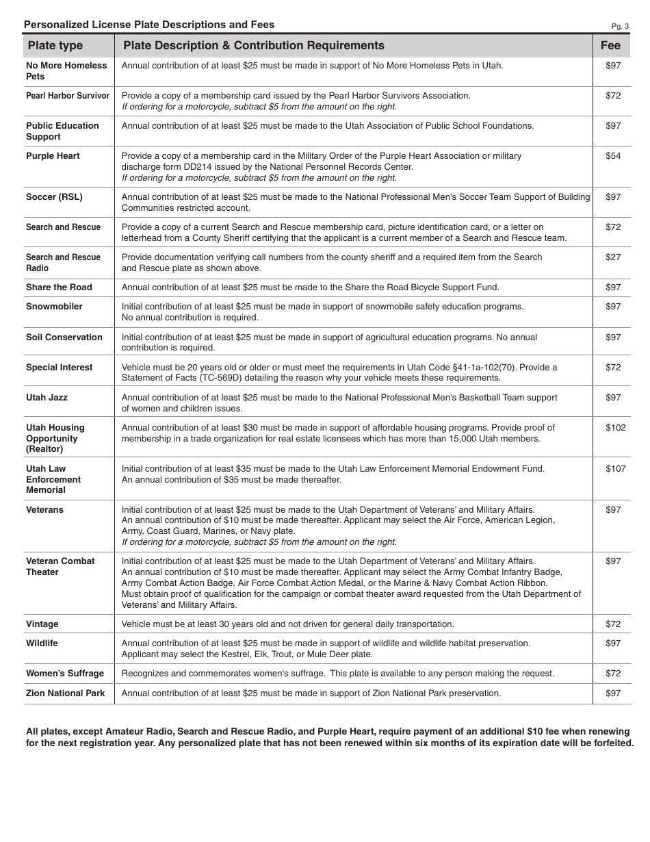 Form TC-817 Application for Personalized Plates and Replacement of Existing Personalized Plates - Utah, Page 3