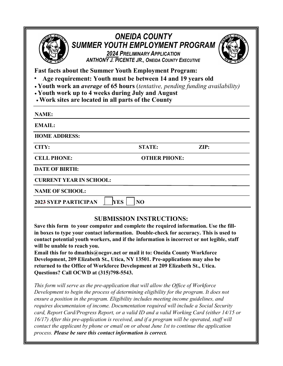 Preliminary Application - Summer Youth Employment Program - Oneida County, New York, Page 1