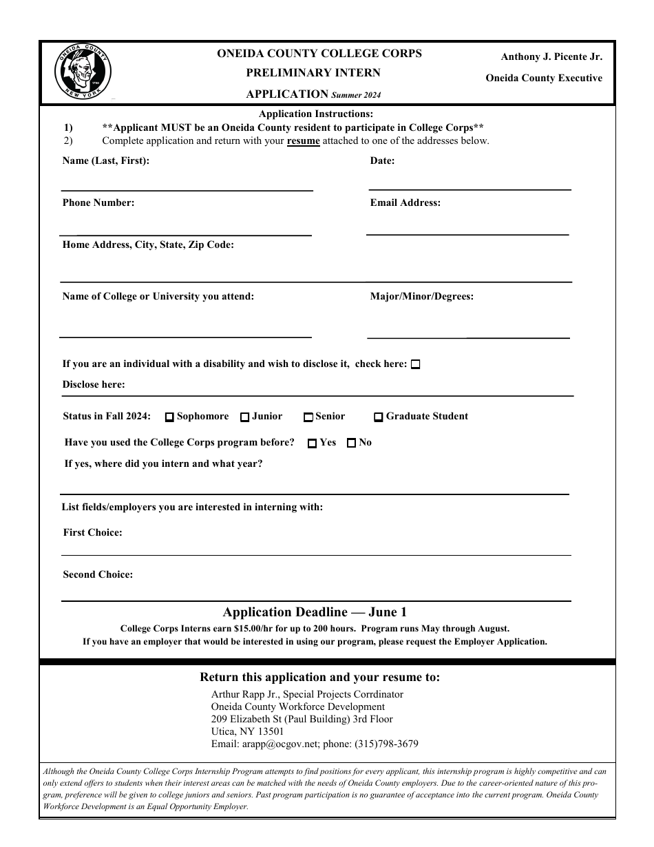 Preliminary Intern Application - Oneida County College Corps - Oneida County, New York, Page 1
