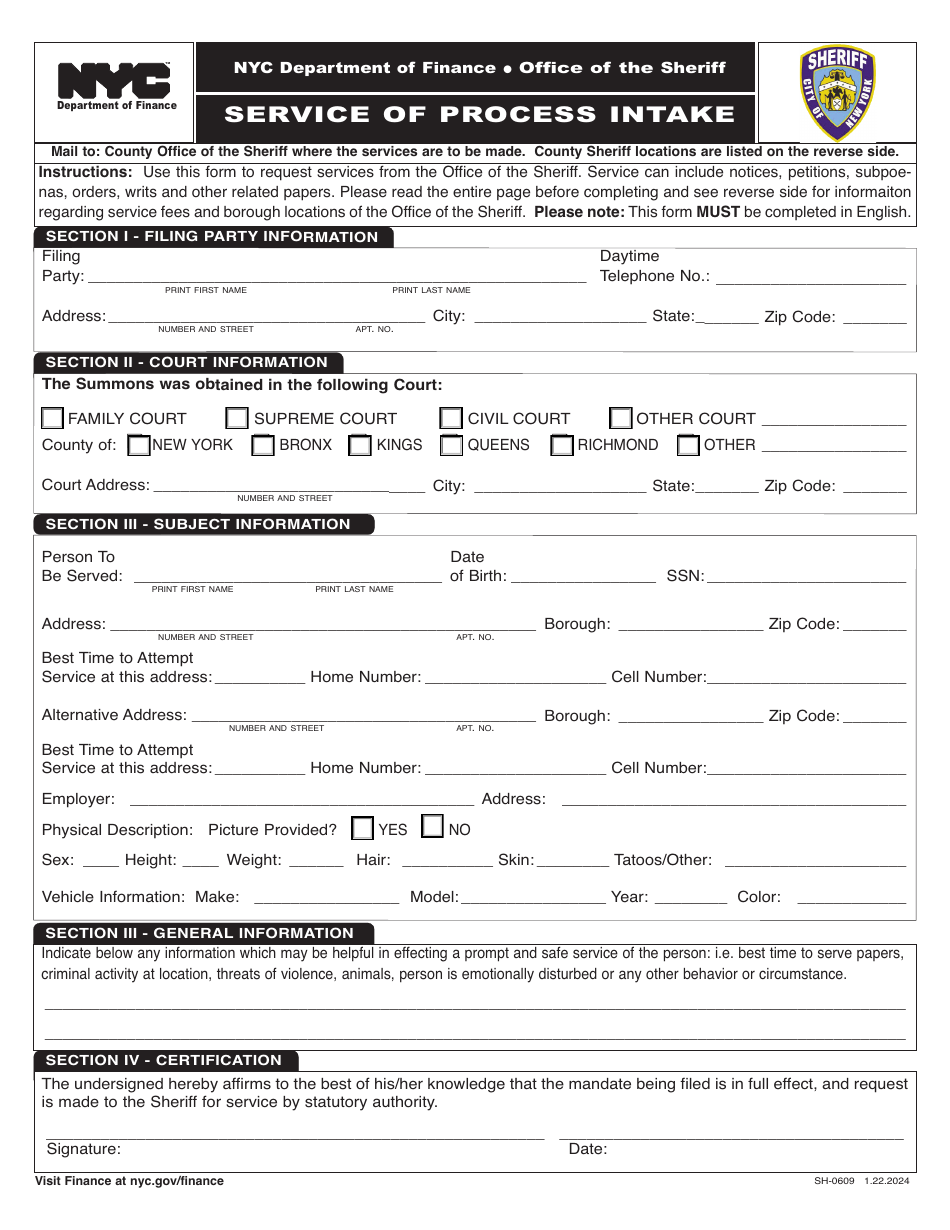 Form SH-0609 Service of Process Intake - New York City, Page 1