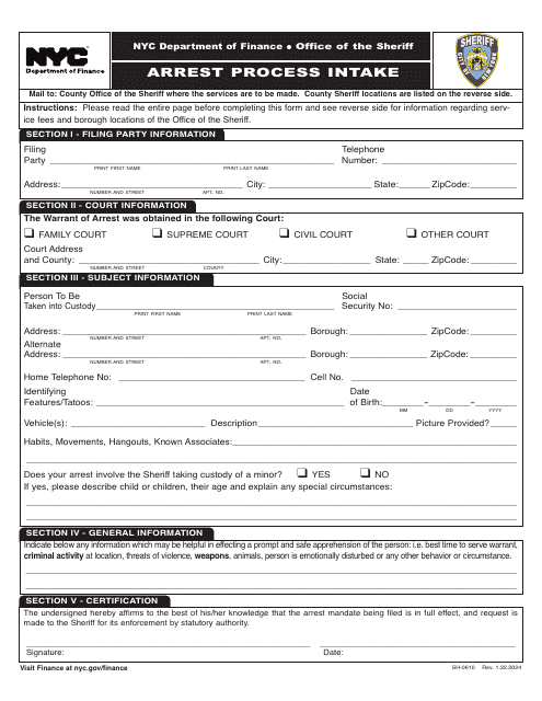 Form SH-0610 Arrest Process Intake - New York City