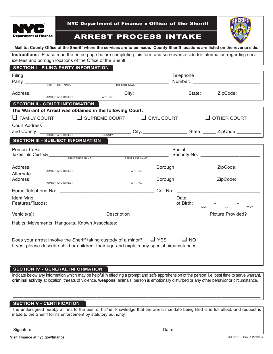 Form SH-0610 Arrest Process Intake - New York City, Page 1