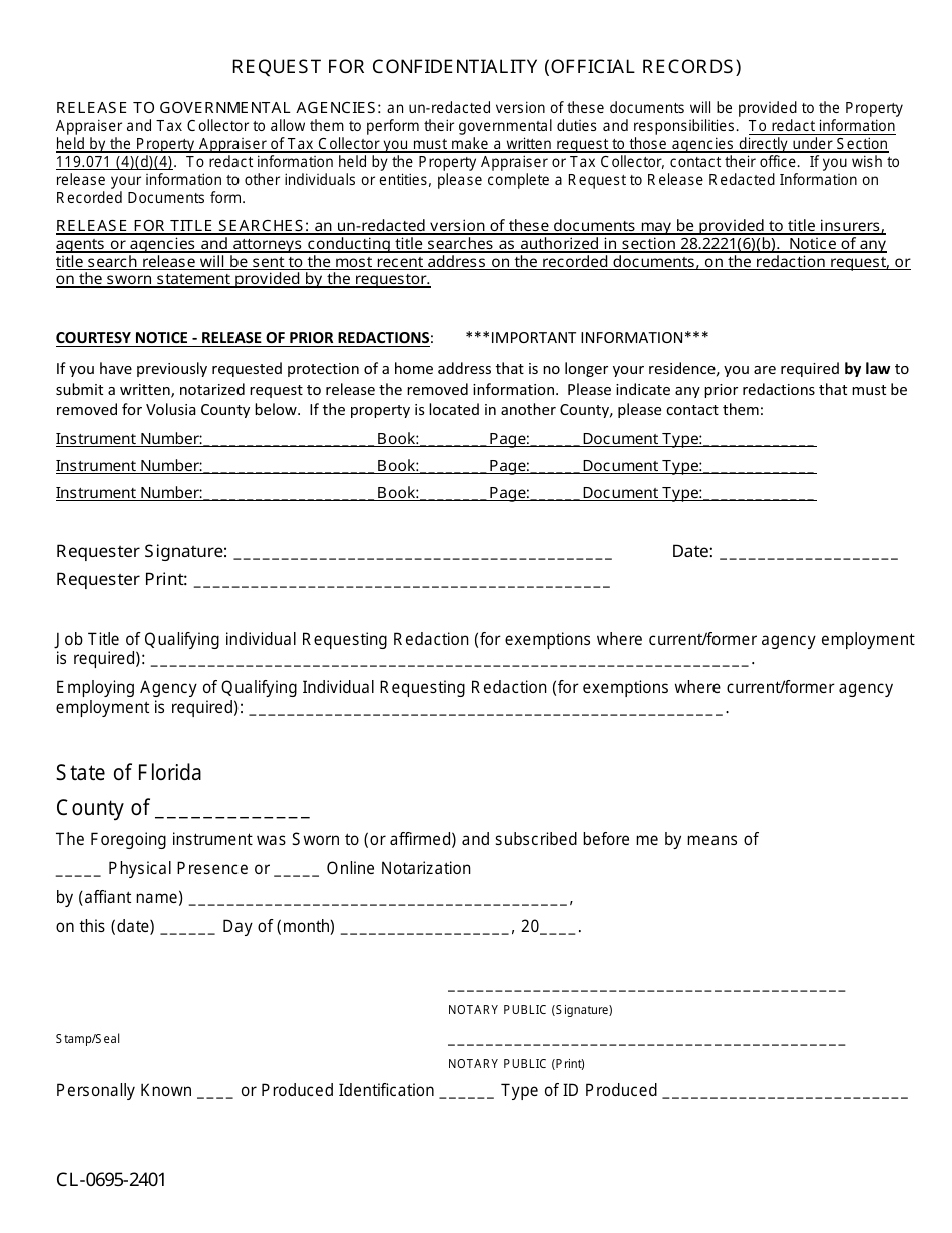 Form CL-0695-2401 Request for Confidentiality (Official Records) - Volusia County, Florida, Page 3