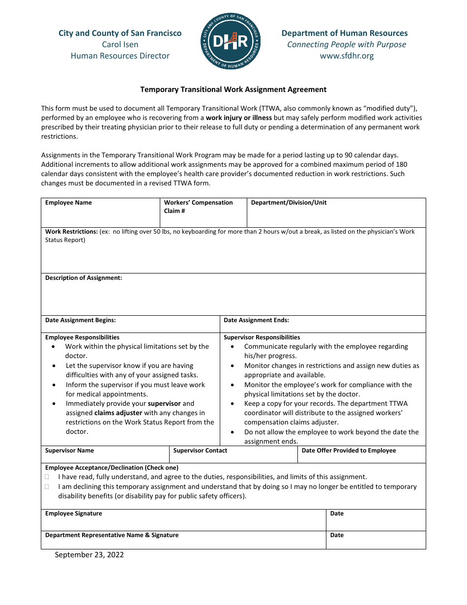 Temporary Transitional Work Assignment Agreement - City and County of San Francisco, California, Page 1