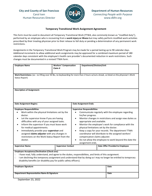 Temporary Transitional Work Assignment Agreement - City and County of San Francisco, California Download Pdf