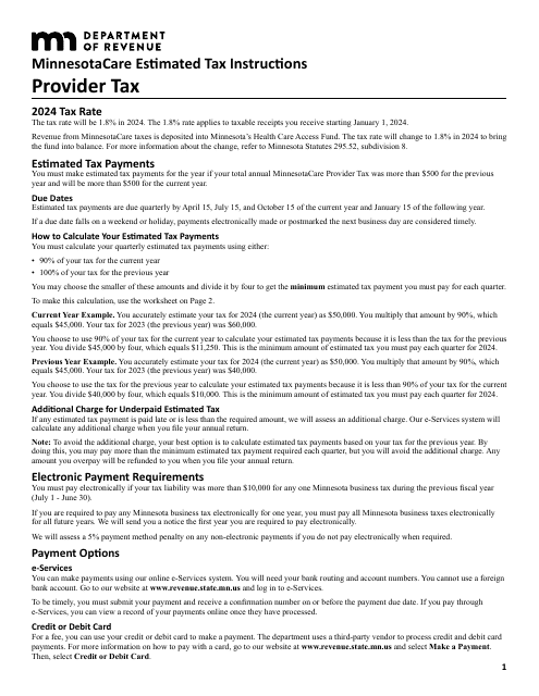 Minnesotacare Estimated Tax Instructions - Provider Tax - Minnesota, 2024
