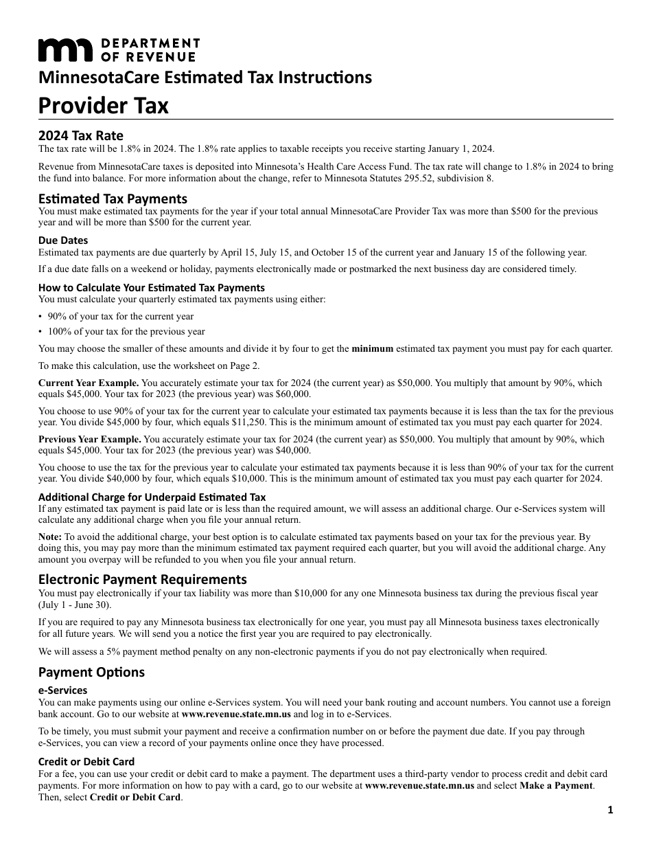 Minnesotacare Estimated Tax Instructions - Provider Tax - Minnesota, Page 1