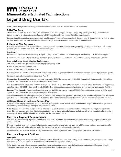 Minnesotacare Estimated Tax Instructions - Legend Drug Use Tax - Minnesota Download Pdf