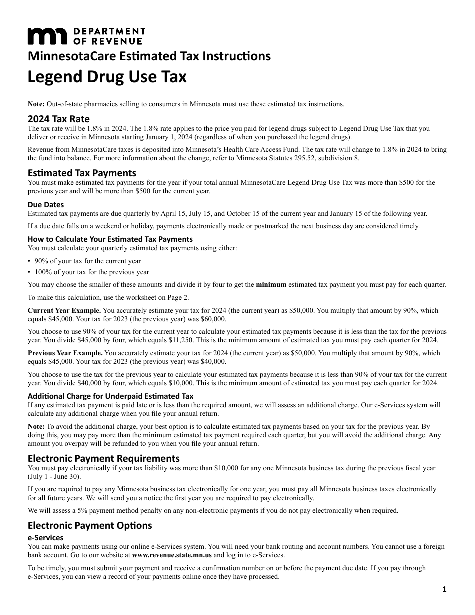 Minnesotacare Estimated Tax Instructions - Legend Drug Use Tax - Minnesota, Page 1