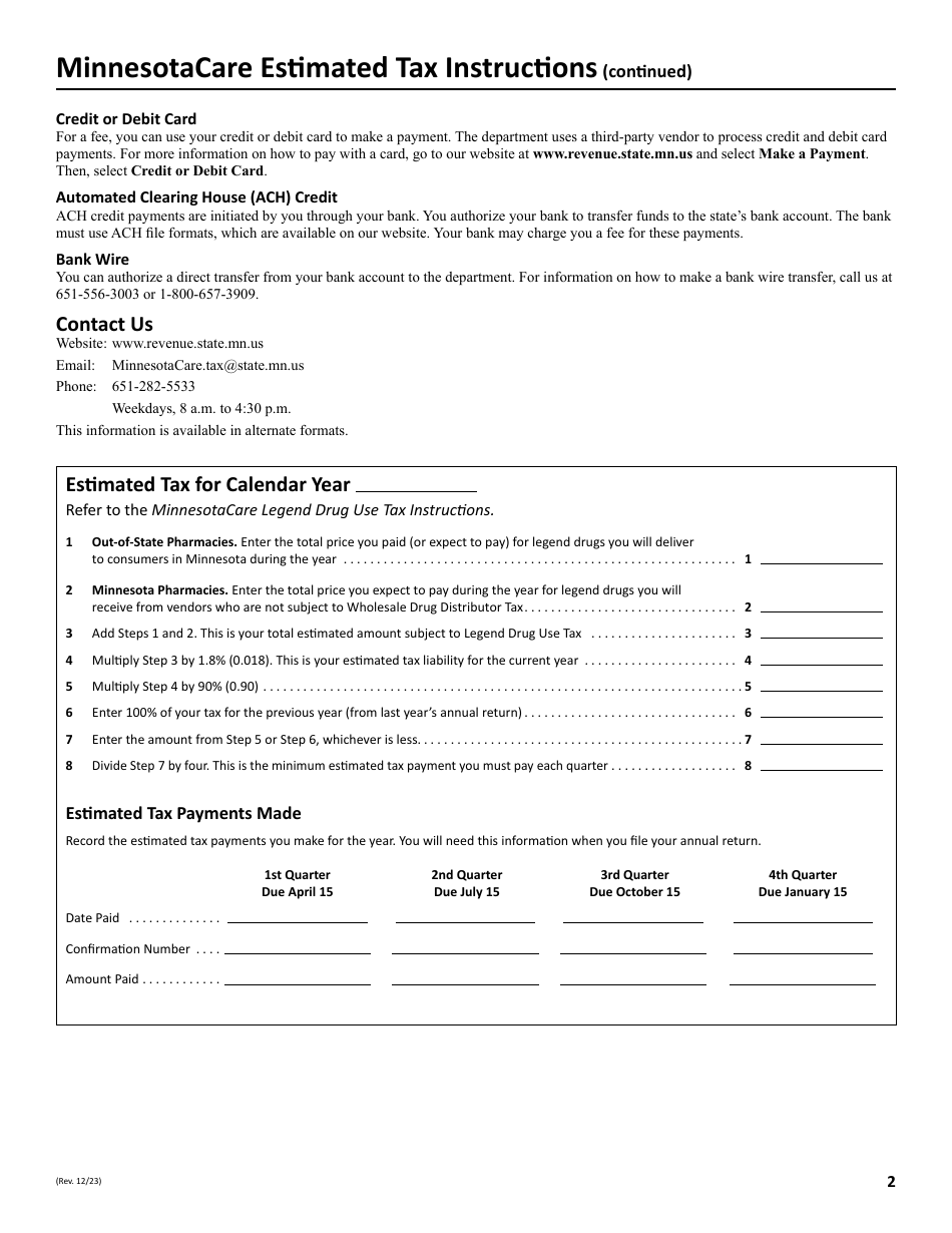 Minnesotacare Estimated Tax Instructions - Legend Drug Use Tax - Minnesota, Page 2