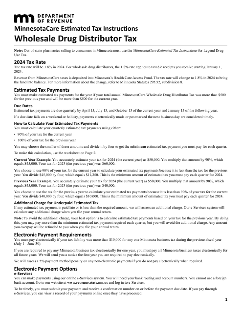 Minnesotacare Estimated Tax Instructions - Wholesale Drug Distributor Tax - Minnesota, 2024