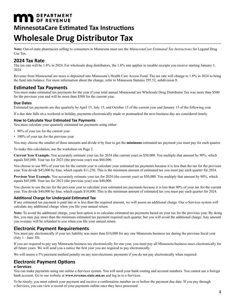 Minnesotacare Estimated Tax Instructions - Wholesale Drug Distributor Tax - Minnesota, Page 1