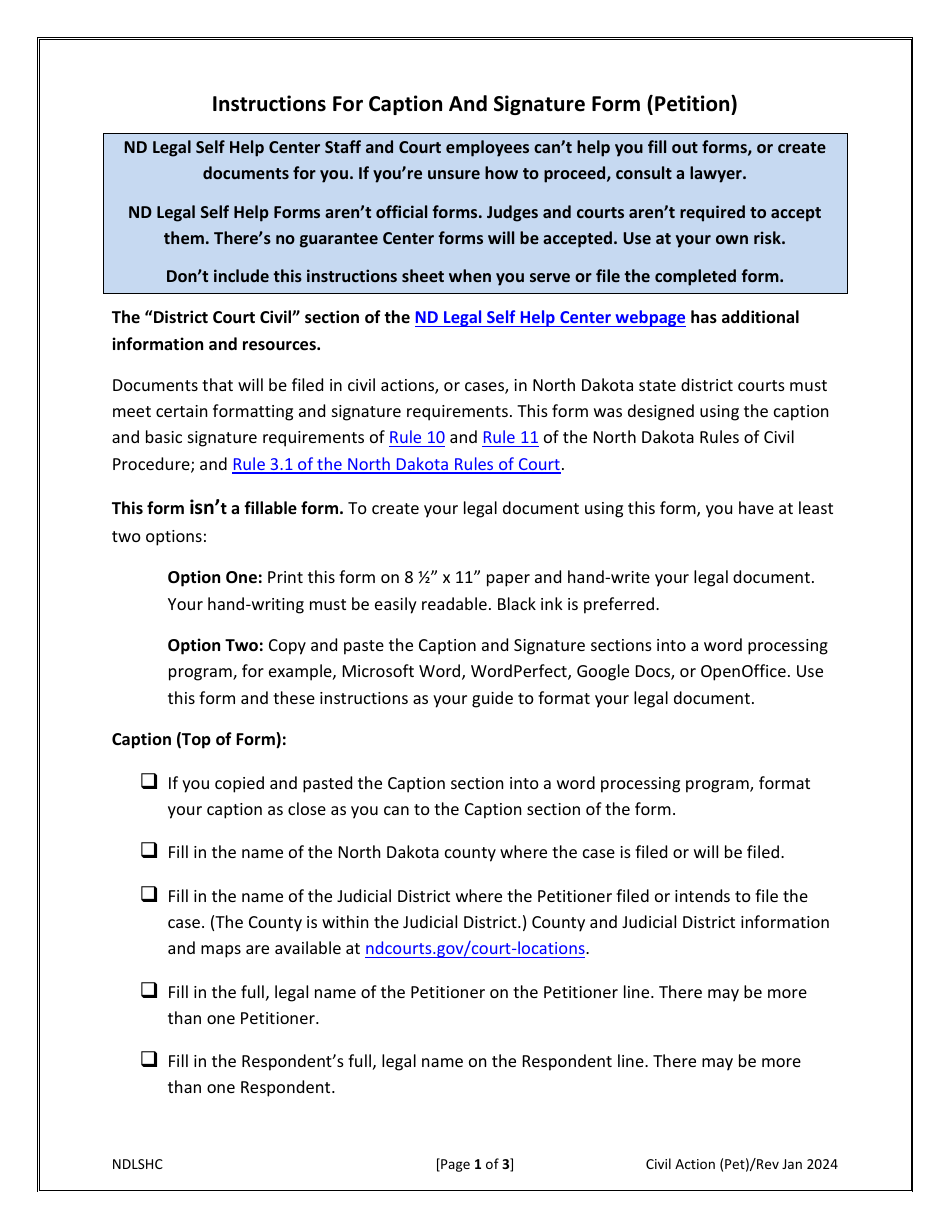 Caption and Signature Form (Petition) - North Dakota, Page 1