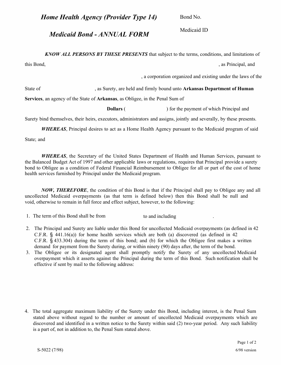 Form S-5022 Home Health Agency (Provider Type 14) Annual Surety Bond Form - Arkansas, Page 2