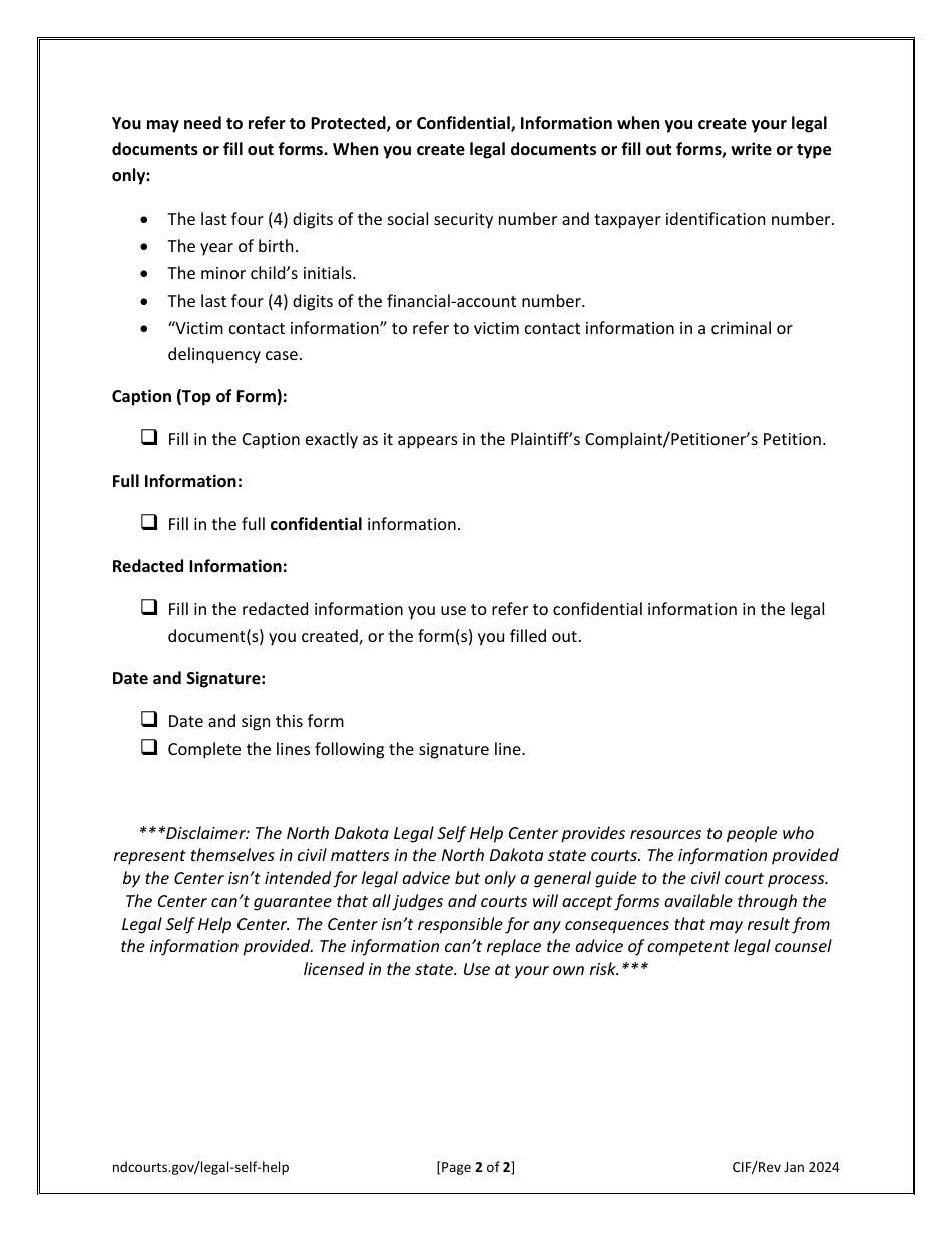 Appendix H Confidential Information Form - North Dakota, Page 2