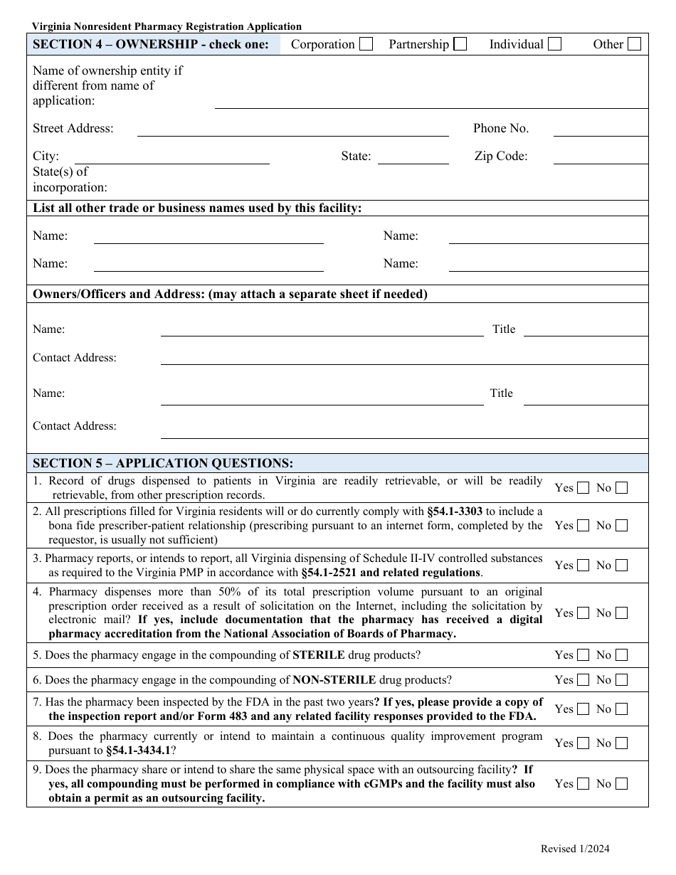 Application for a Non-resident Pharmacy Registration - Virginia, Page 3