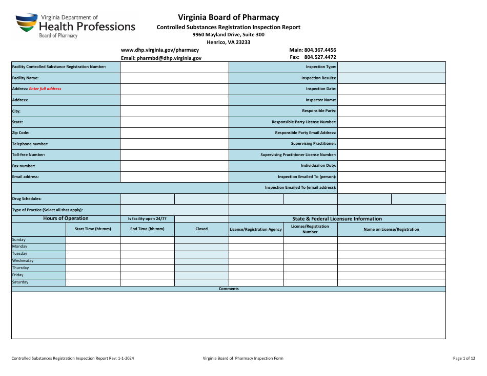 Controlled Substances Registration Inspection Report - Virginia, Page 1