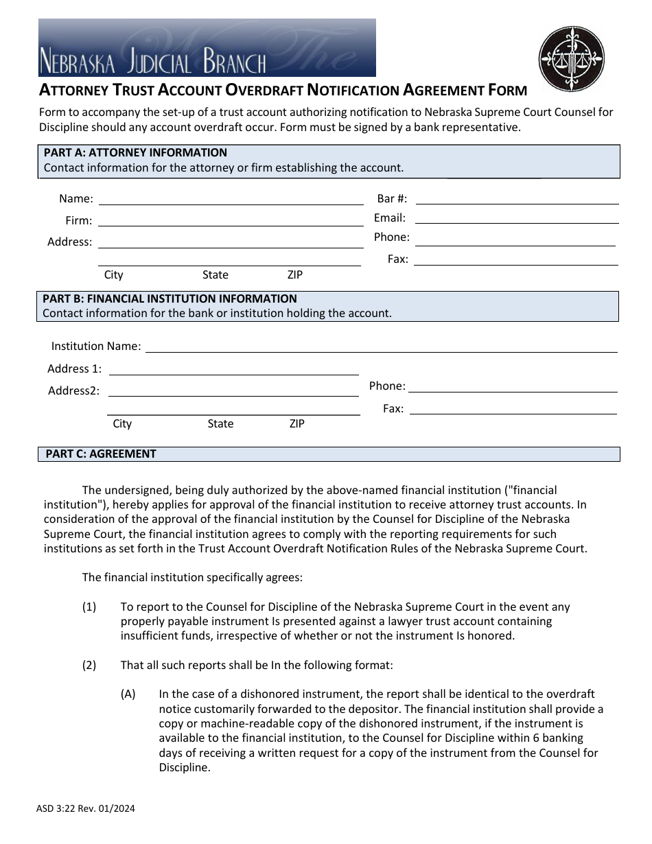 Form ASD3:22 Attorney Trust Account Overdraft Notification Agreement Form - Nebraska, Page 1