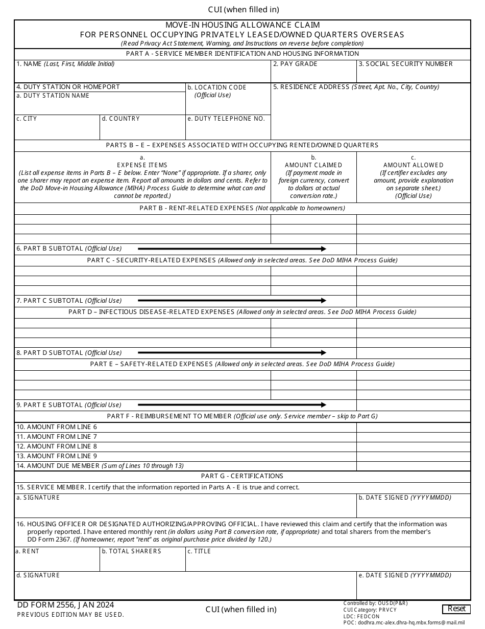 DD Form 2556 Move-In Housing Allowance Claim for Personnel Occupying Privately Leased / Owned Quarters Overseas, Page 1