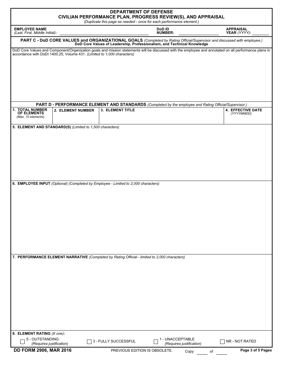 DD Form 2906 Civilian Performance Plan, Progress Review and Appraisal, Page 3