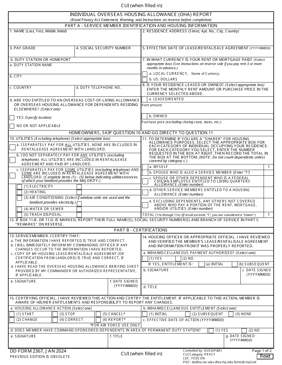 Dd Form 2367 Download Fillable Pdf Or Fill Online Individual Overseas Housing Allowance Oha 3184