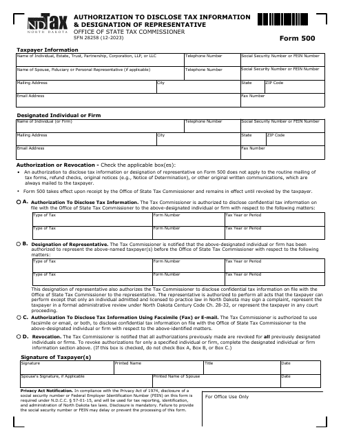 Form 500 (SFN28258) Authorization to Disclose Tax Information and Designation of Representative - North Dakota