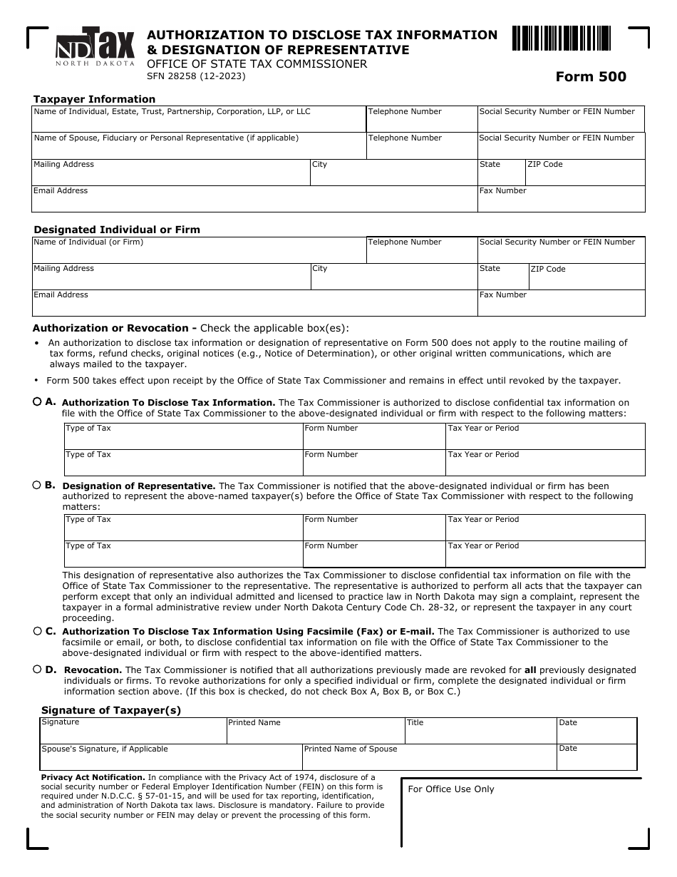 Form 500 (SFN28258) Authorization to Disclose Tax Information and Designation of Representative - North Dakota, Page 1