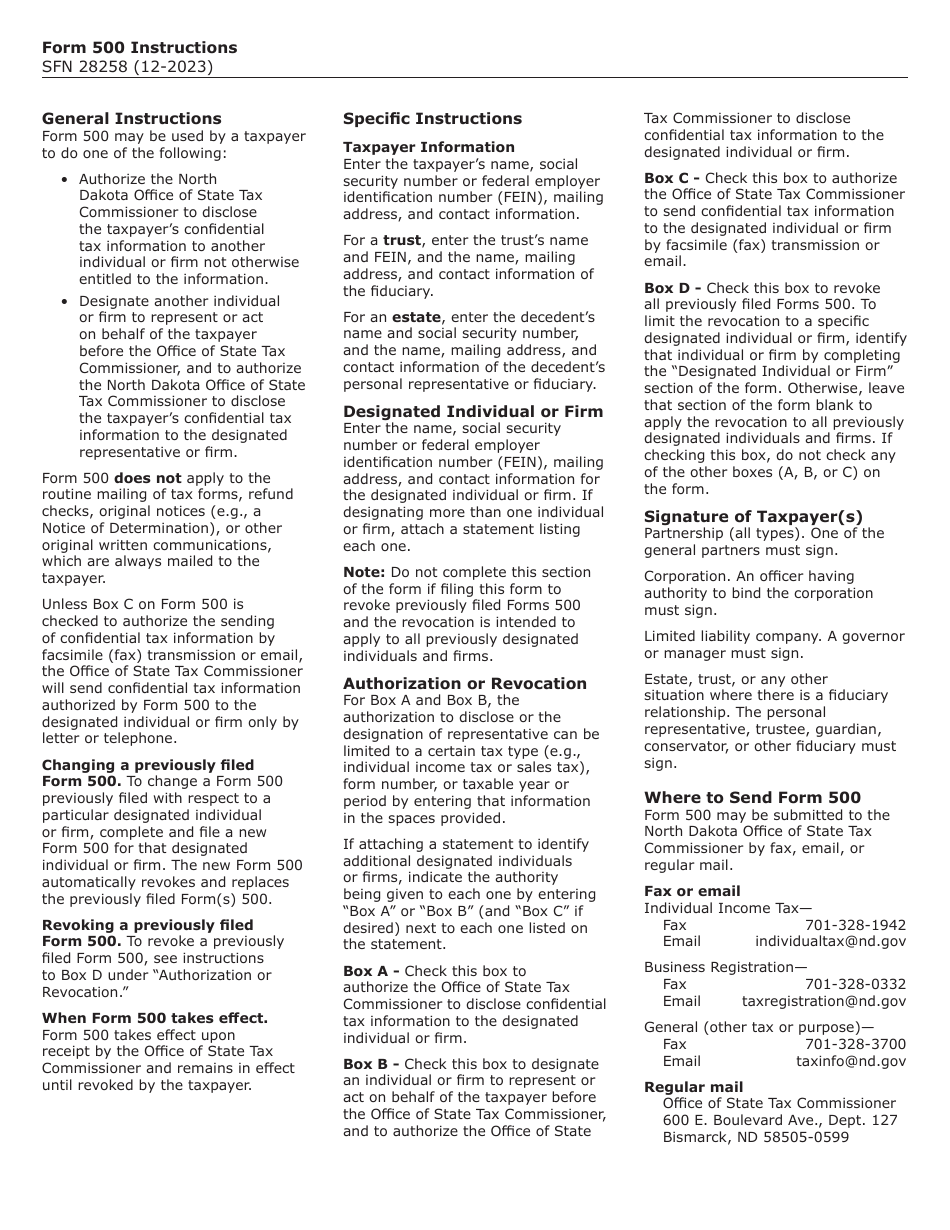 Form 500 (SFN28258) Authorization to Disclose Tax Information and Designation of Representative - North Dakota, Page 2
