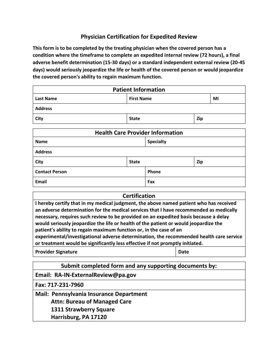 Physician Certification for Expedited Review - Pennsylvania, Page 1