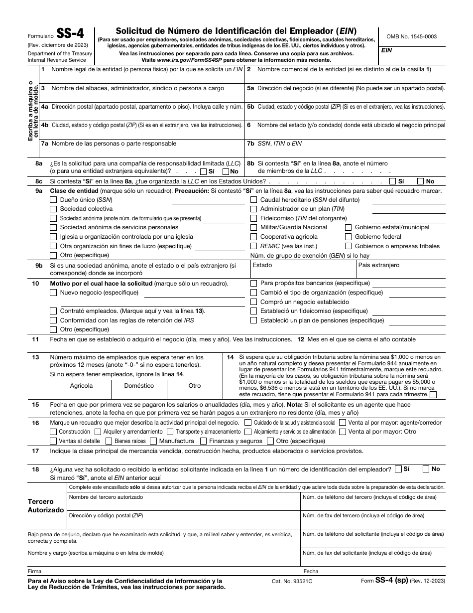IRS Formulario SS-4 (SP) Solicitud De Numero De Identificacion Del Empleador (Ein) (Spanish), Page 1