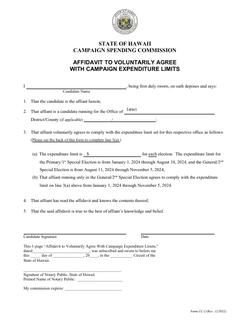 Form CC-2 Affidavit to Voluntarily Agree With Campaign Expenditure Limits - Hawaii, 2024