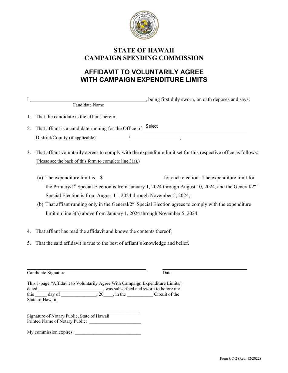 Form CC-2 Affidavit to Voluntarily Agree With Campaign Expenditure Limits - Hawaii, Page 1