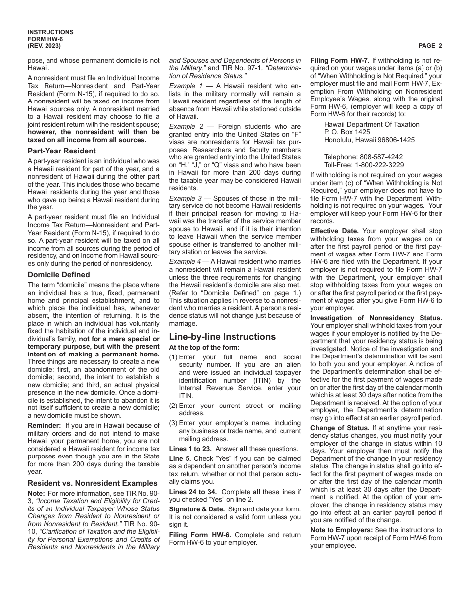 Instructions for Form HW-6 Employees Statement to Employer Concerning Nonresidence in the State of Hawaii - Hawaii, Page 2