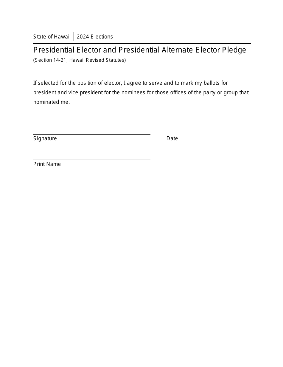 Presidential Elector and Presidential Alternate Elector Pledge - Hawaii, Page 1