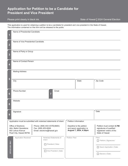 Application for Petition to Be a Candidate for President and Vice President - Hawaii Download Pdf