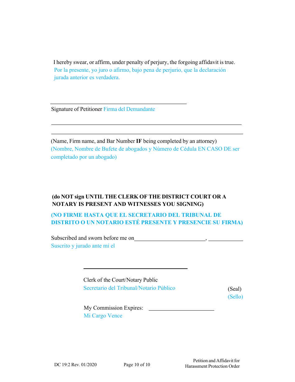 Form DC19:2 Petition and Affidavit to Obtain Harassment Protection Order - Nebraska (English / Spanish), Page 10