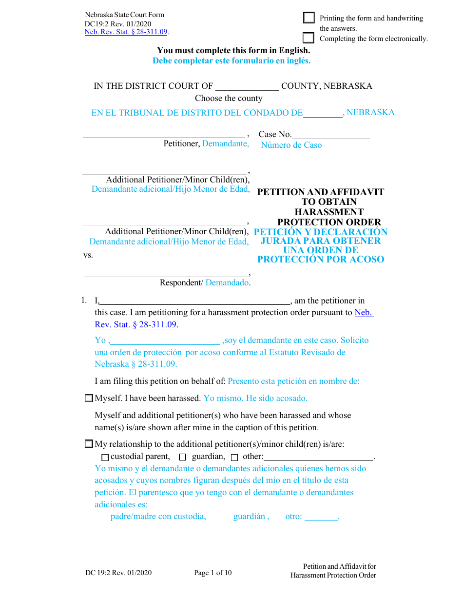 Form DC19:2 Petition and Affidavit to Obtain Harassment Protection Order - Nebraska (English / Spanish), Page 1