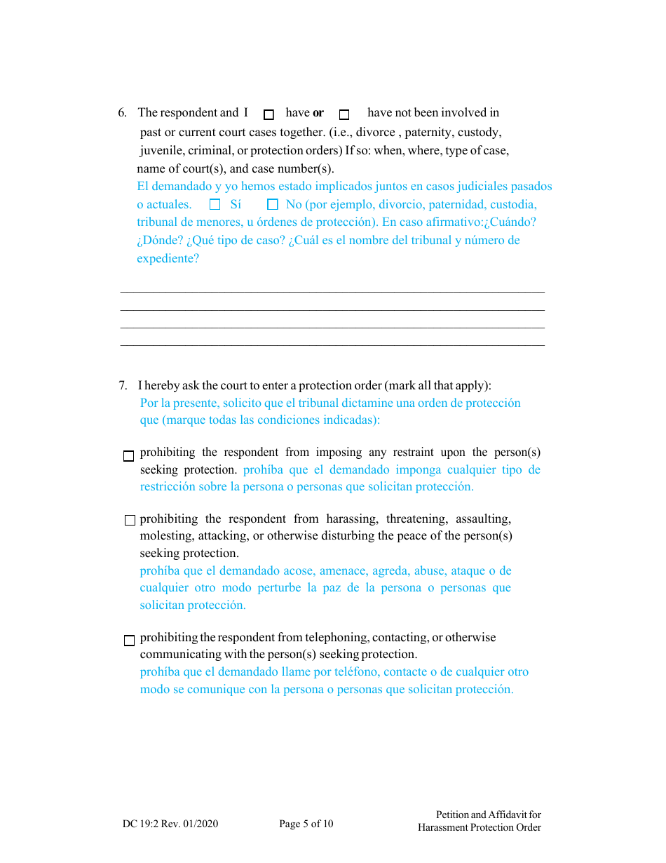 Form DC19:2 Petition and Affidavit to Obtain Harassment Protection Order - Nebraska (English / Spanish), Page 5