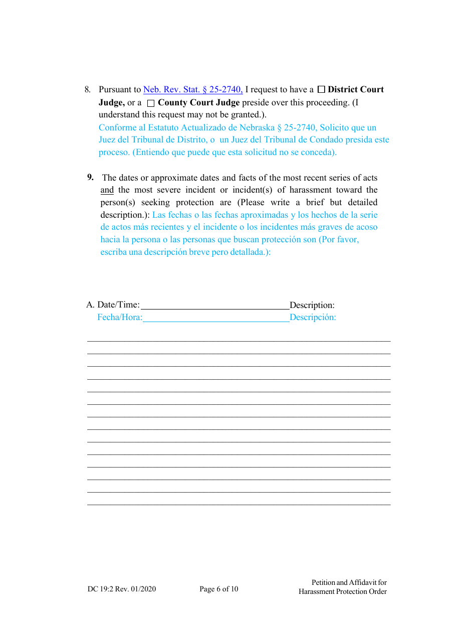 Form DC19:2 Petition and Affidavit to Obtain Harassment Protection Order - Nebraska (English / Spanish), Page 6