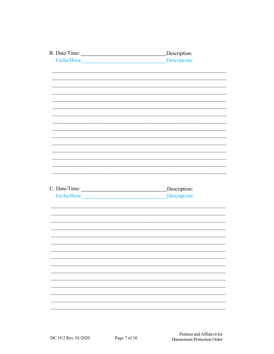 Form DC19:2 Petition and Affidavit to Obtain Harassment Protection Order - Nebraska (English / Spanish), Page 7