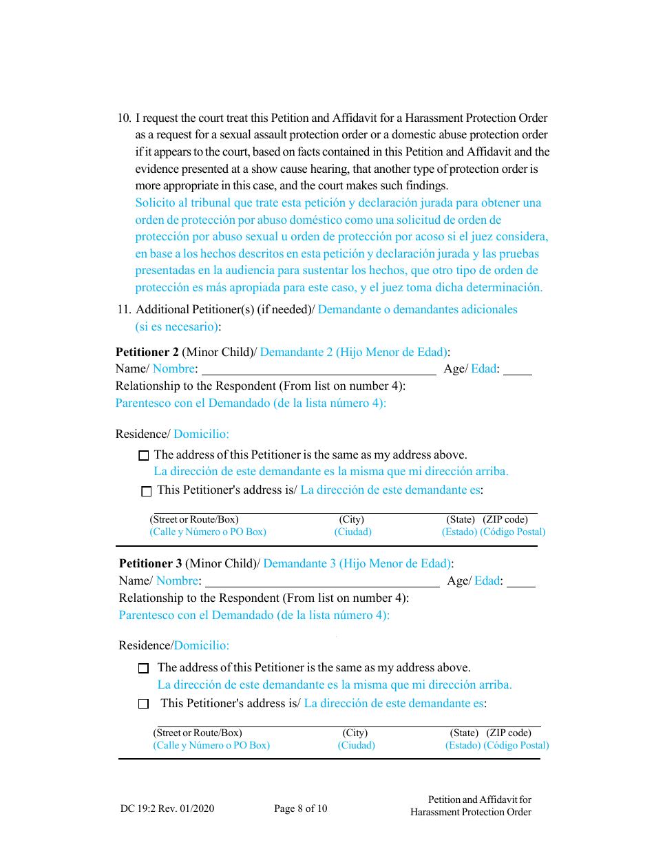 Form DC19:2 Petition and Affidavit to Obtain Harassment Protection Order - Nebraska (English / Spanish), Page 8