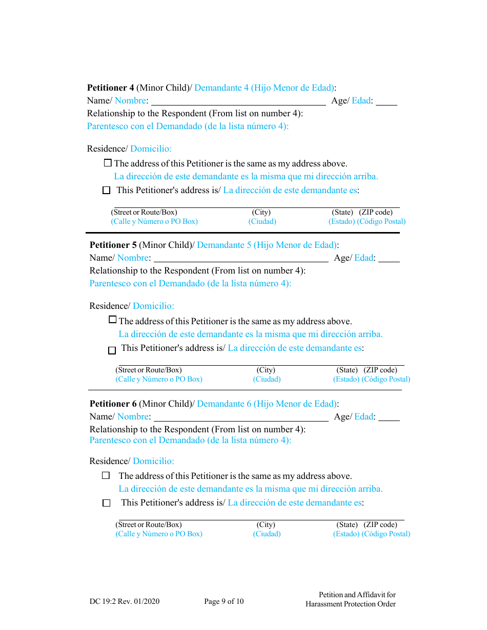 Form DC19:2 Petition and Affidavit to Obtain Harassment Protection Order - Nebraska (English / Spanish), Page 9