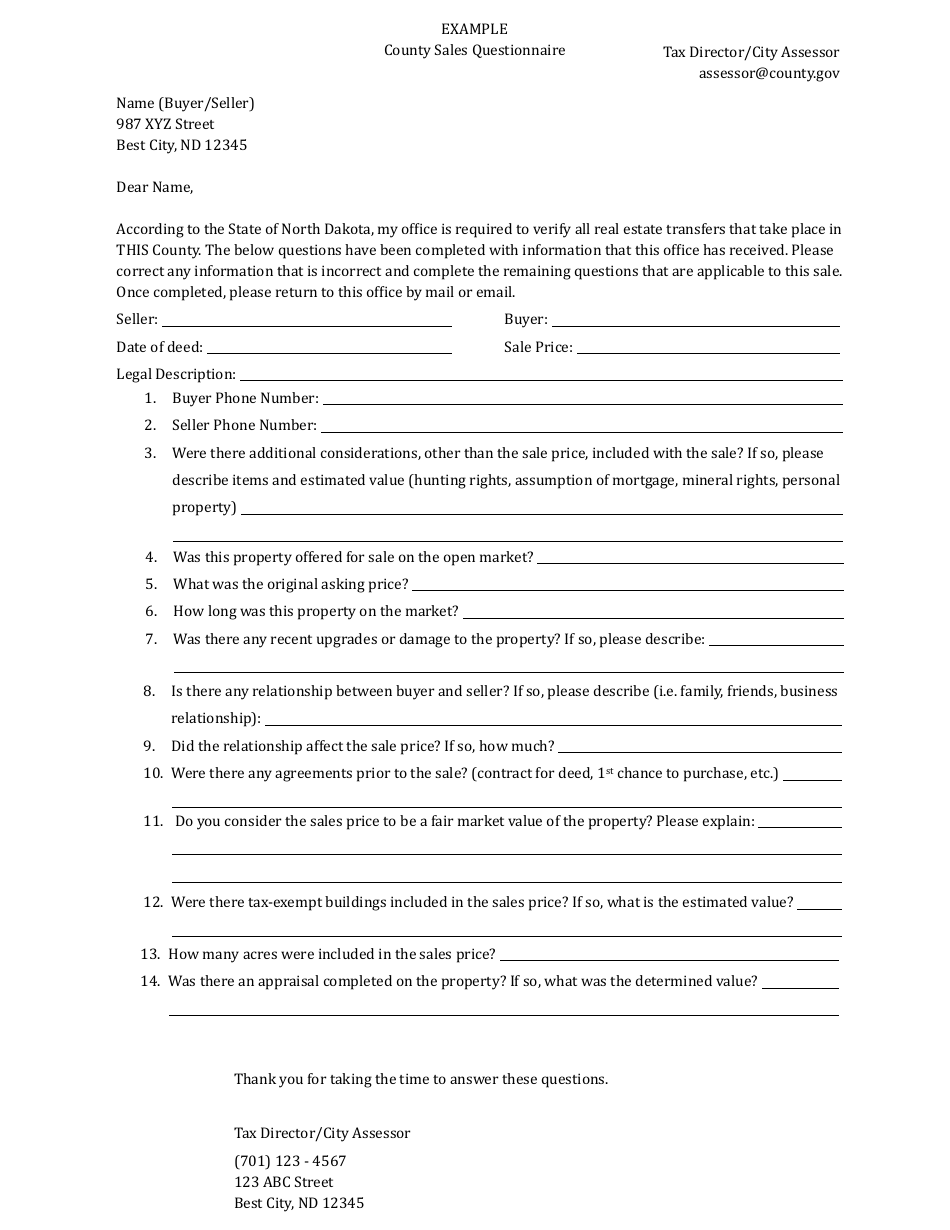 County Sales Questionnaire - North Dakota, Page 1
