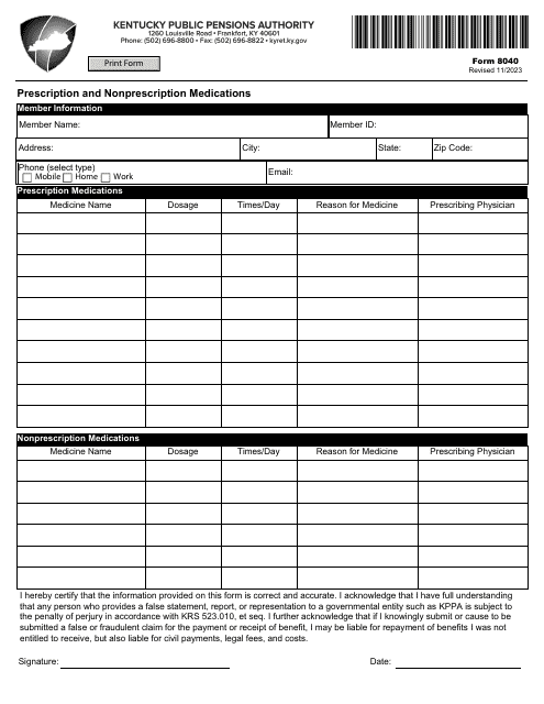 Form 8040 Prescription and Nonprescription Medications - Kentucky