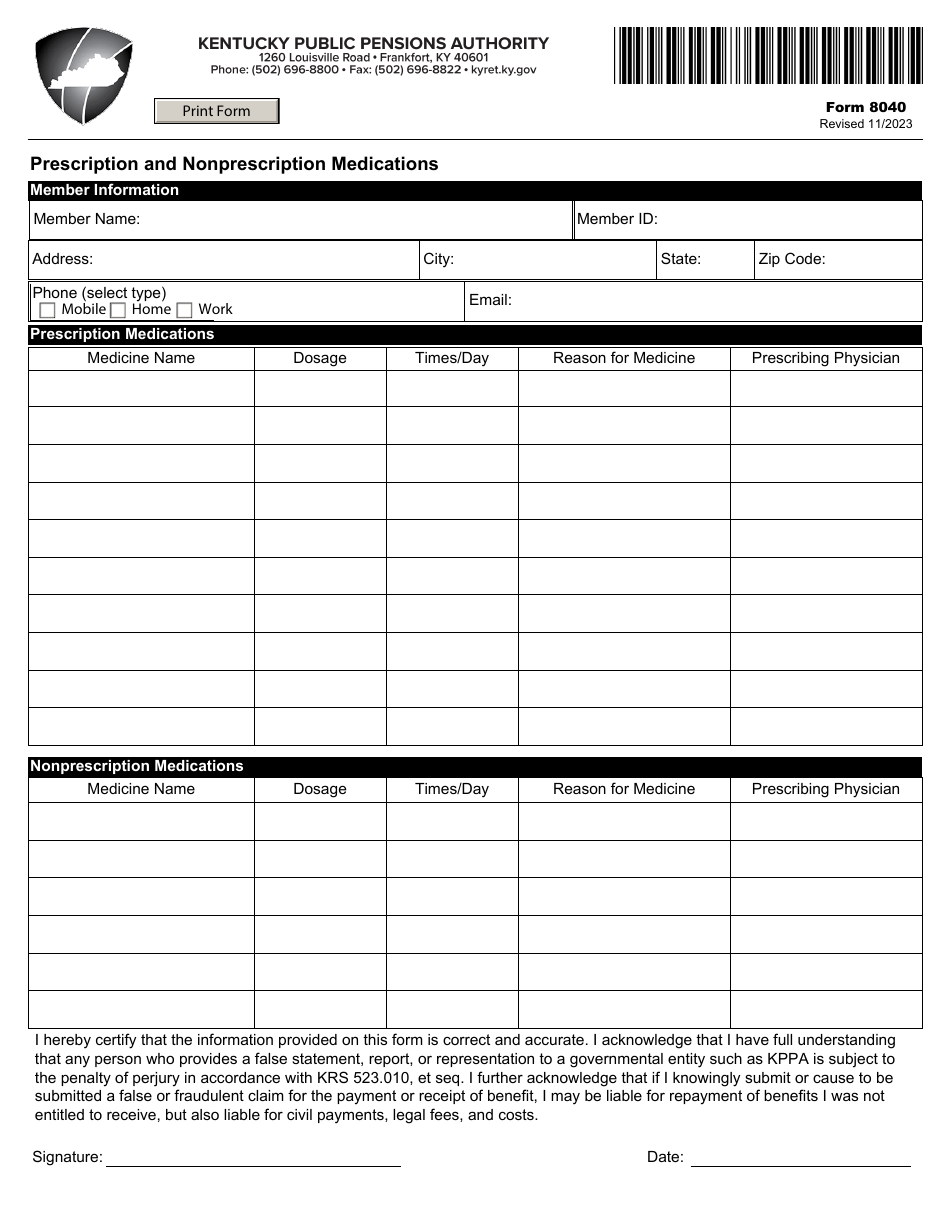 Form 8040 Prescription and Nonprescription Medications - Kentucky, Page 1