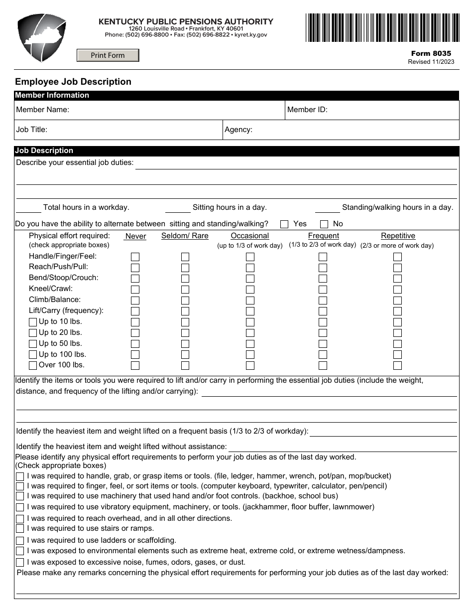 Form 8035 Employee Job Description - Kentucky, Page 1