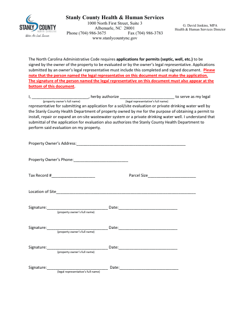 Authorized Agent Form - Stanly County, North Carolina Download Pdf