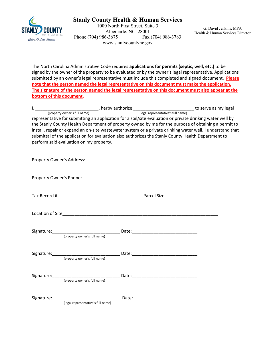 Authorized Agent Form - Stanly County, North Carolina, Page 1